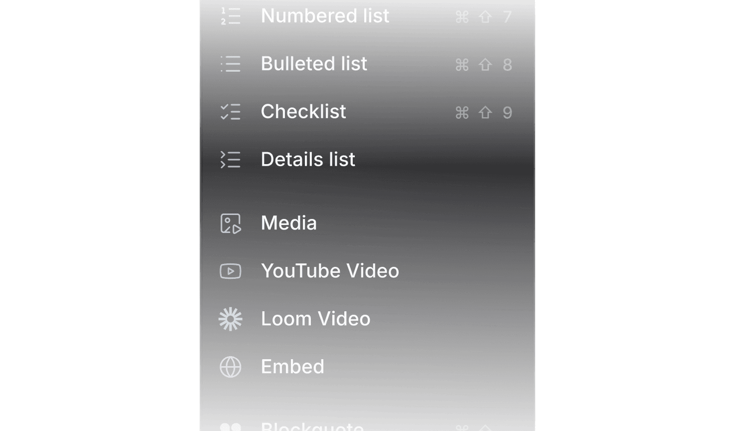 Editor menu with formatting options like headings, lists, media, and code blocks